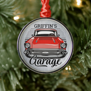 Personalisiert NAME Retro Red Classic Autogarage Ornament Aus Metall