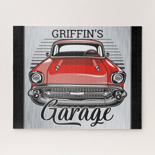 Personalisiert NAME Retro Red Classic Autogarage Puzzle (Horizontal)