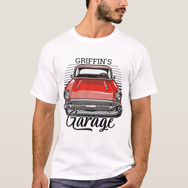 Personalisiert NAME Retro Red Classic Autogarage T-Shirt (Vorderseite)