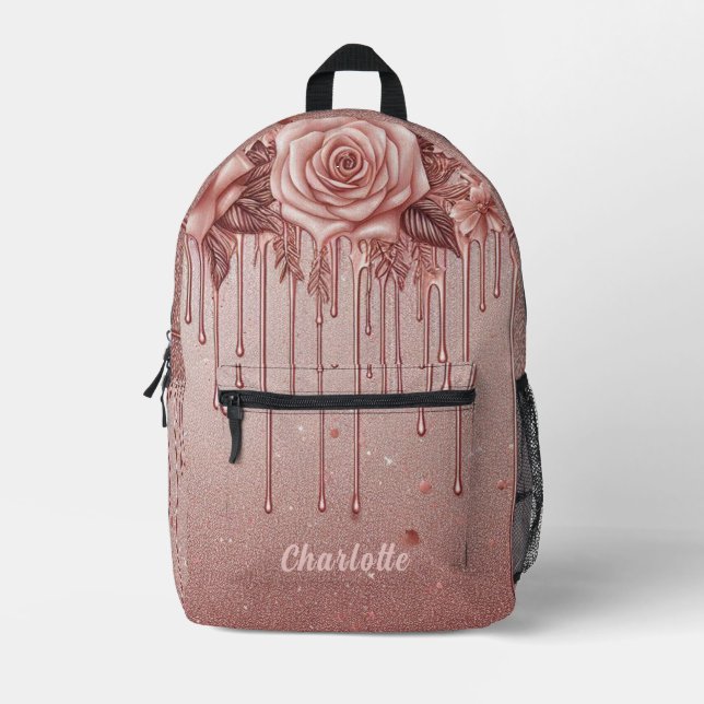 Personalisiert Name Rose Gold Drilling Glitzer Bedruckter Rucksack (Vorderseite)