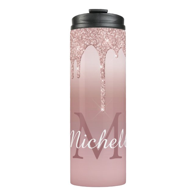 Personalisiert Name Rose Gold Glitzer Tropfen Thermosbecher (Vorderseite)