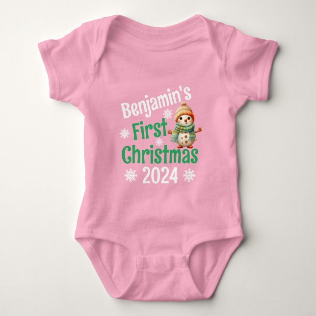 Personalisiert Name Snowman Baby's 1. Weihnachtsro Baby Strampler (Vorderseite)