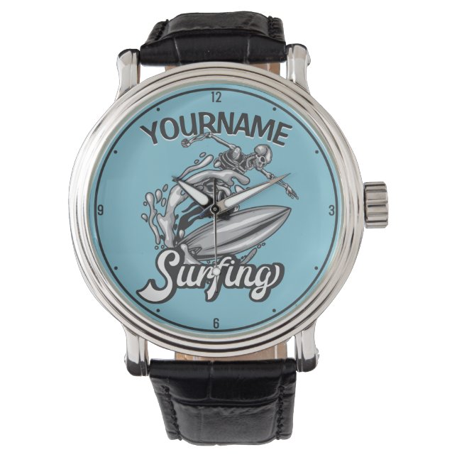 Personalisiert NAME Surfer Big Wave Skeleton Surfe Armbanduhr (Vorderseite)
