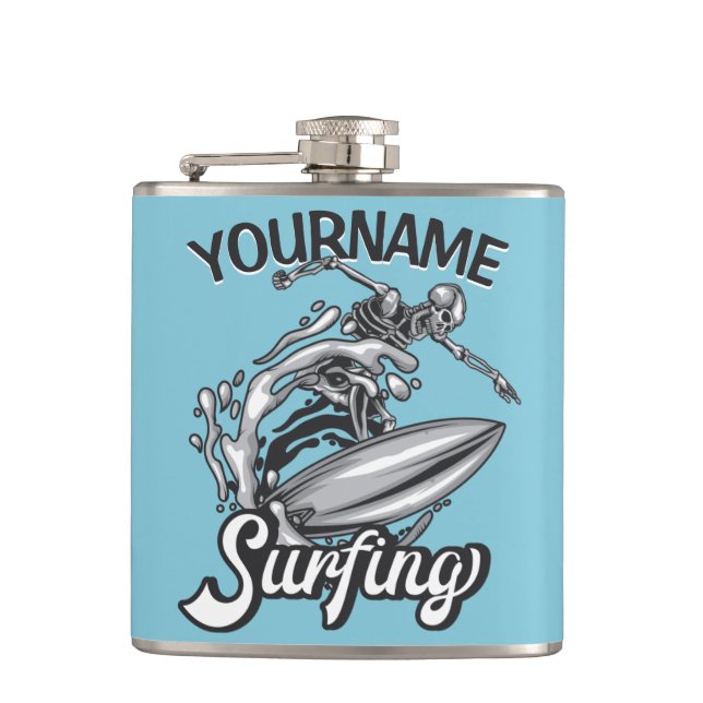 Personalisiert NAME Surfer Big Wave Skeleton Surfe Flachmann (Vorderseite)