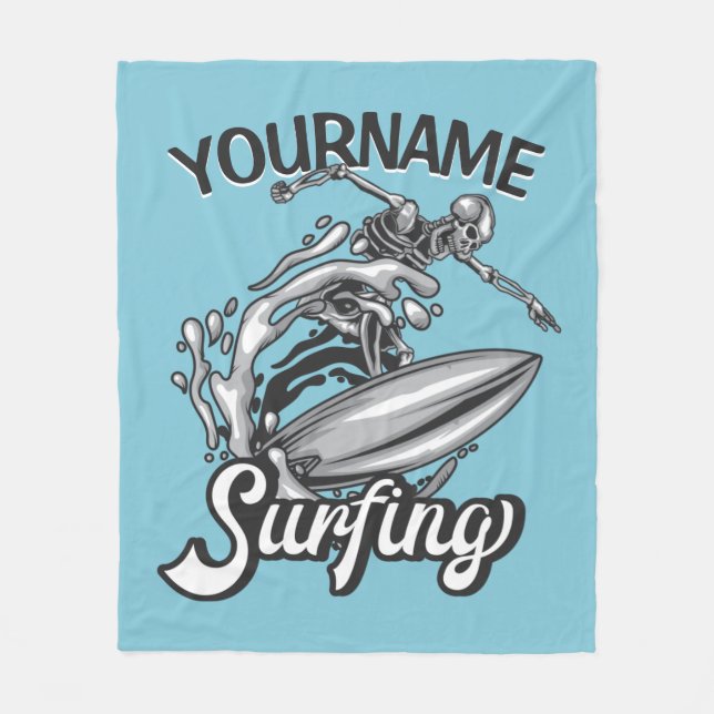 Personalisiert NAME Surfer Big Wave Skeleton Surfe Fleecedecke (Vorderseite)
