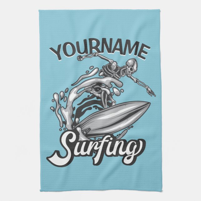 Personalisiert NAME Surfer Big Wave Skeleton Surfe Geschirrtuch (Vertikal)