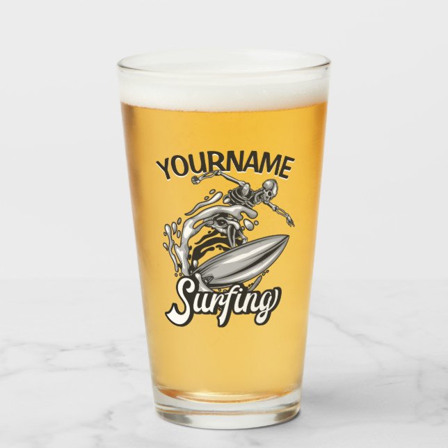 Personalisiert NAME Surfer Big Wave Skeleton Surfe Glas (Vorne (Gefüllt))