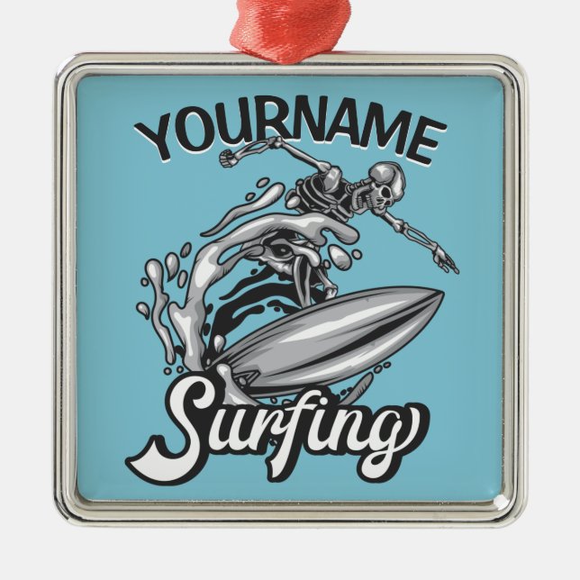 Personalisiert NAME Surfer Big Wave Skeleton Surfe Ornament Aus Metall (Vorne)