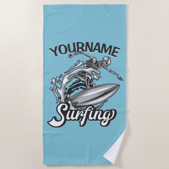 Personalisiert NAME Surfer Big Wave Skeleton Surfe Strandtuch (Vorderseite)