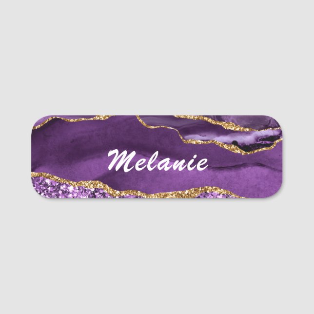 Personalisiert Name Tag Agate Lila Gold Glitzer Namensschild (Vorderseite)