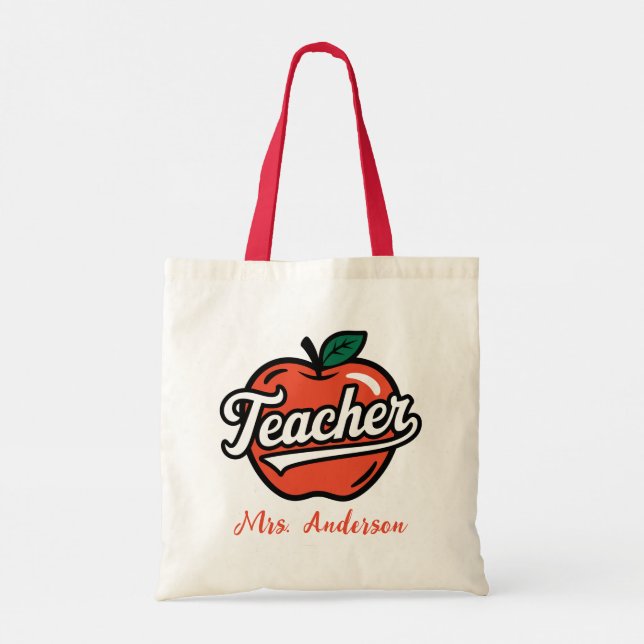 Personalisiert Name Teacher Red Apple Tragetasche (Rückseite)