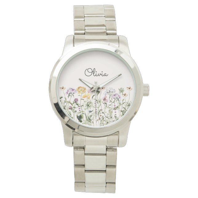 Personalisiert Name Wildblume Garten Armbanduhr (Vorderseite)