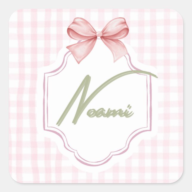 Personalisiert Naomi Baby Girl Kinderzimmer Bow&Gi Quadratischer Aufkleber (Vorderseite)