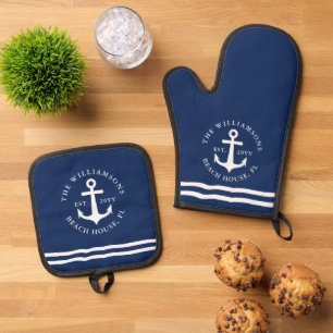 Personalisiert Navy Blue Anchor Nautic Ofenhandschuh & Topflappen-Set