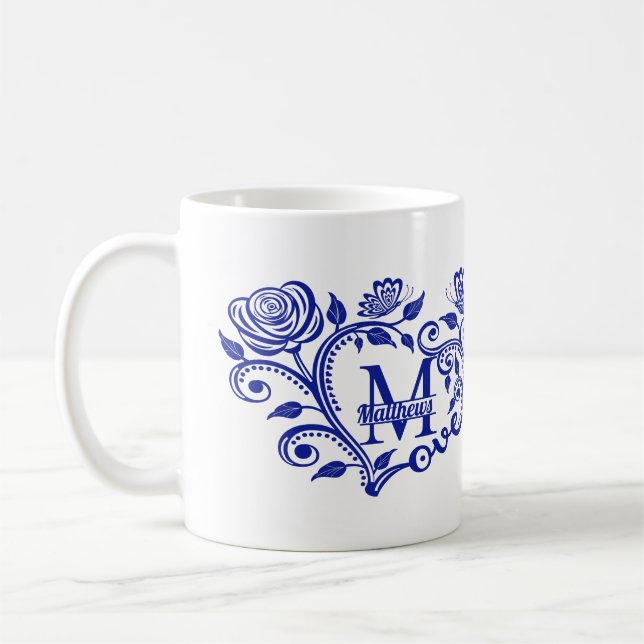 Personalisiert Navy Blue Floral Monogram m Kaffeetasse (Links)