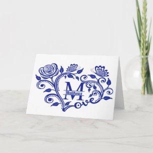 Personalisiert Navy Blue Floral Monogram m Karte
