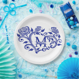 Personalisiert Navy Blue Floral Monogram m Pappteller
