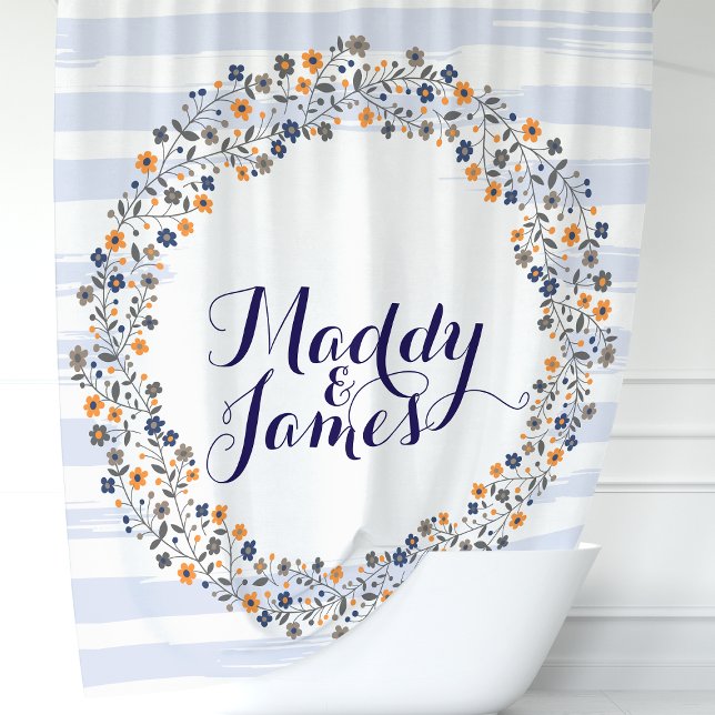 Personalisiert Navy Blue Floral Wreath Duschvorhang (Von Creator hochgeladen)
