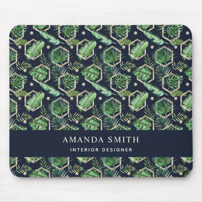 Personalisiert Navy Blue Gold Palm Blätter Botanic Mousepad (Vorne)