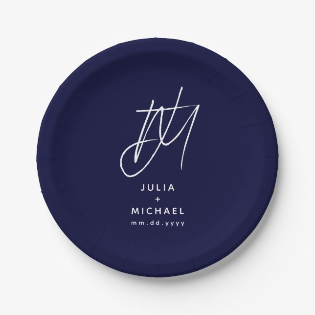 Personalisiert Navy Blue Monogram Wedding Pappteller (Vorderseite)