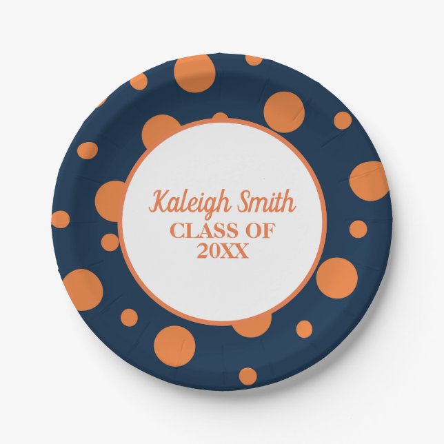 Personalisiert Navy Blue Orange Polka Dot Abschlus Pappteller (Vorderseite)