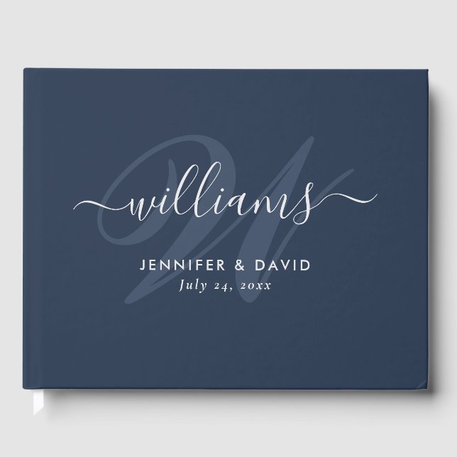 Personalisiert Navy Blue und Silver Monogram Weddi Gästebuch (Vorderseite)