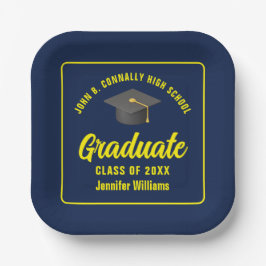 Personalisiert Navy Blue Yellow Graduation Party Pappteller