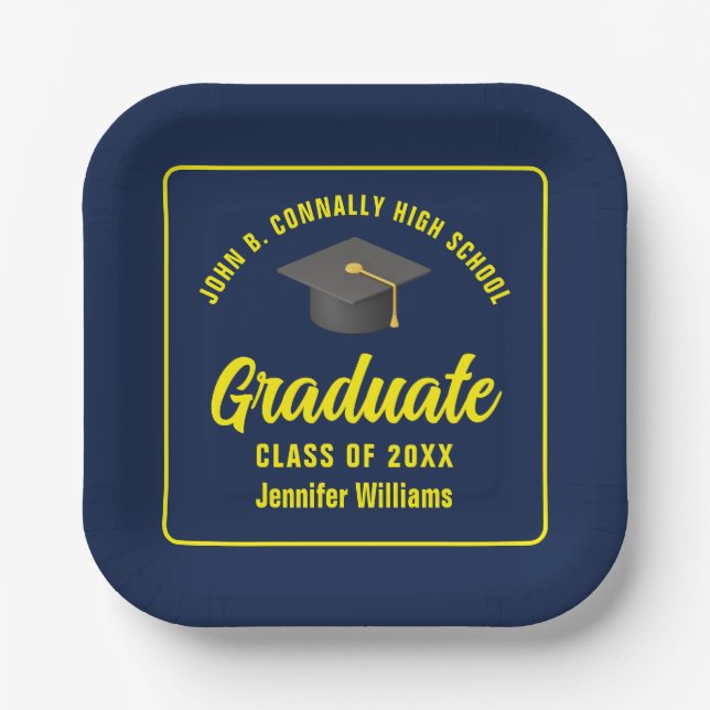 Personalisiert Navy Blue Yellow Graduation Party Pappteller (Vorderseite)