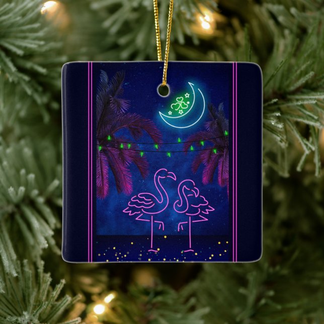 Personalisiert Neon Flamingo Couple Beach Weihnach Keramikornament (Baum)