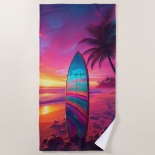 Personalisiert Neon Sunset Surf Strandtuch