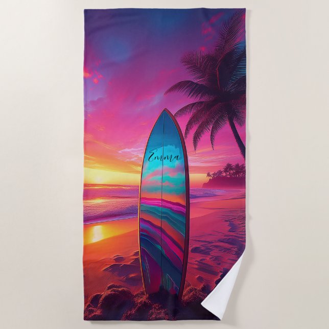Personalisiert Neon Sunset Surf Strandtuch (Vorderseite)