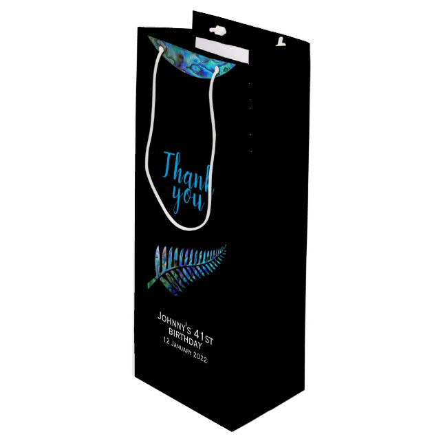 PERSONALISIERT NEW ZEALAND KIWI PAUA FERN GESCHENKTÜTE FÜR WEINFLASCHEN (Vorderseite Schrägansicht)