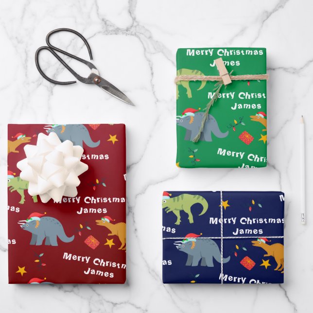 Personalisiert Niedlicher Dinosaurier Weihnachten Geschenkpapier Set (Vorderseite)