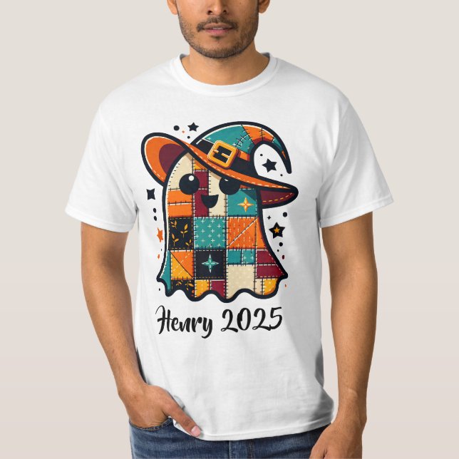 Personalisiert Niedliches Patchwork-Ghost-Hallowee T-Shirt (Vorderseite)