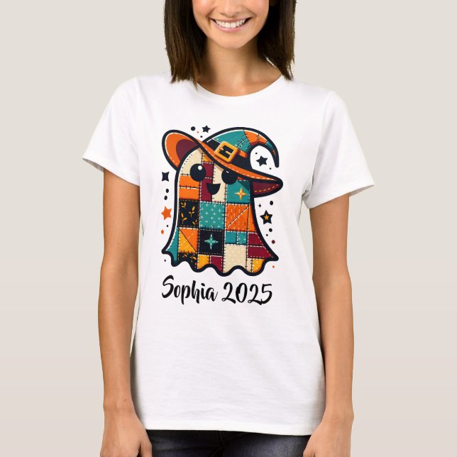 Personalisiert Niedliches Patchwork-Ghost-Hallowee T-Shirt (Vorderseite)