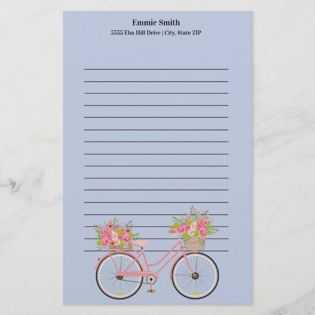 Personalisiert Niedliches Rosa Fahrrad mit Blume B Briefpapier (Vorderseite)
