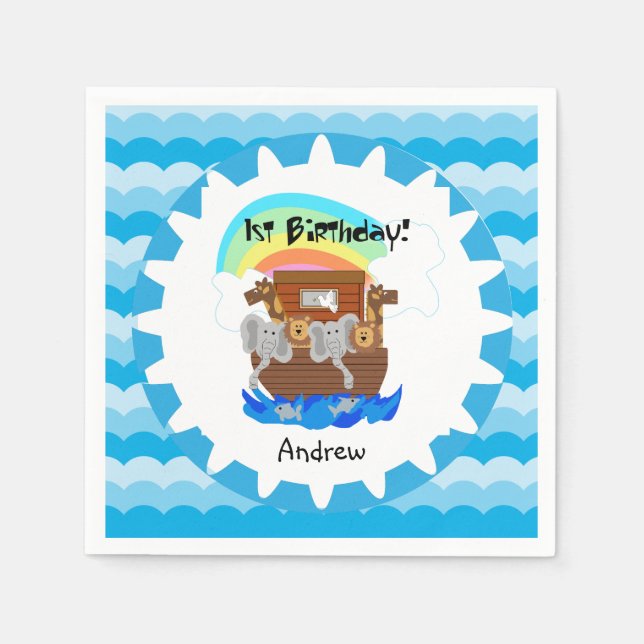 Personalisiert Noah's Ark 1. Geburtstagspapier Nap Serviette (Vorderseite)