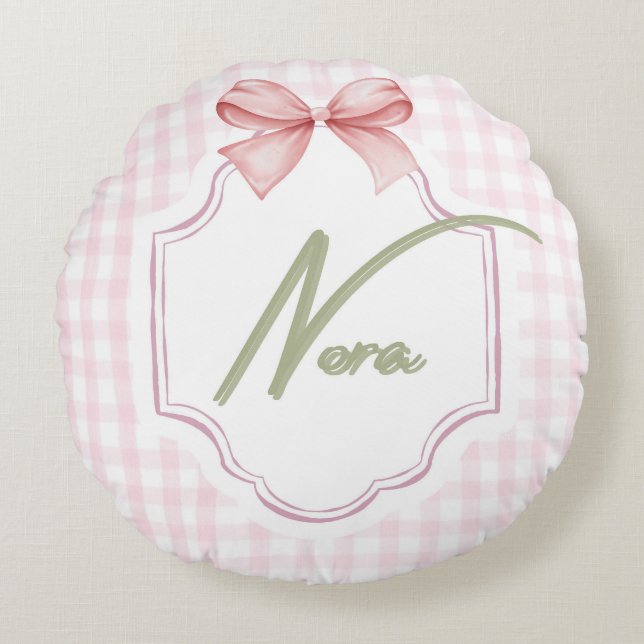 Personalisiert Nora Baby Girl Kinderzimmer Bow&Gin Rundes Kissen (Vorderseite)