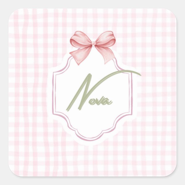 Personalisiert Nova Baby Girl Kinderzimmer Bow&Gin Quadratischer Aufkleber (Vorderseite)
