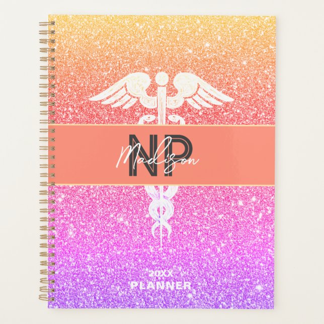 Personalisiert NP Nurse Practitioner Rainbow Glitz Planer (Vorderseite)
