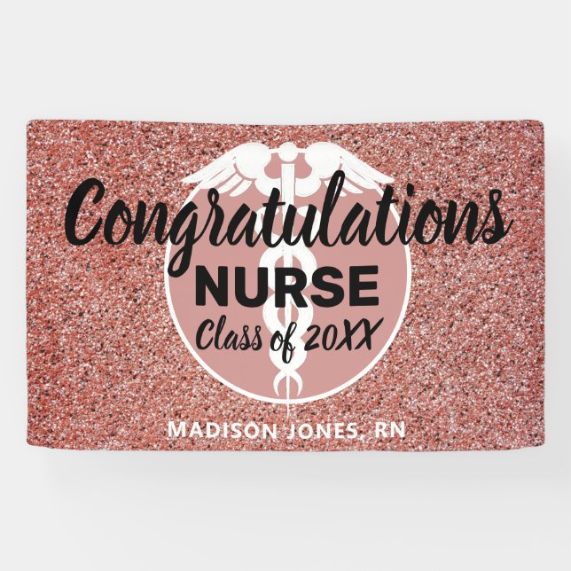 Personalisiert Nurse Abschluss Rose Gold Glitzer Banner (Horizontal)