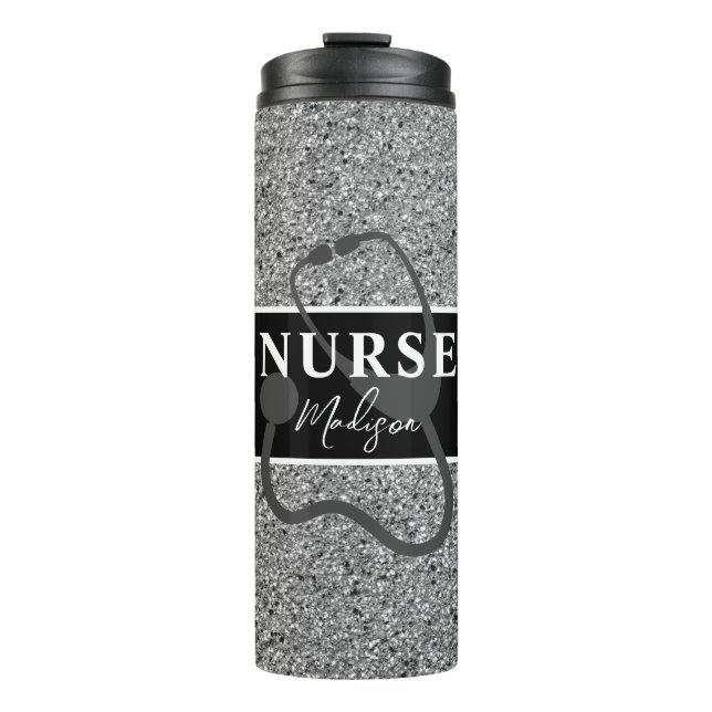 Personalisiert Nurse Black Silver Glitzer Script Thermosbecher (Vorderseite)