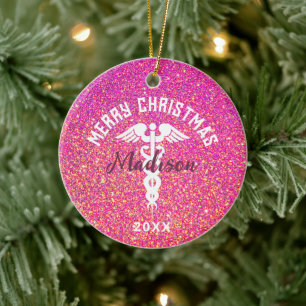 Personalisiert Nurse Pink Glitzer Weihnachten Keramik Ornament