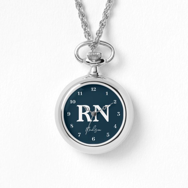 Personalisiert Nurse RN Navy Blue White Script Armbanduhr (Vorderseite)