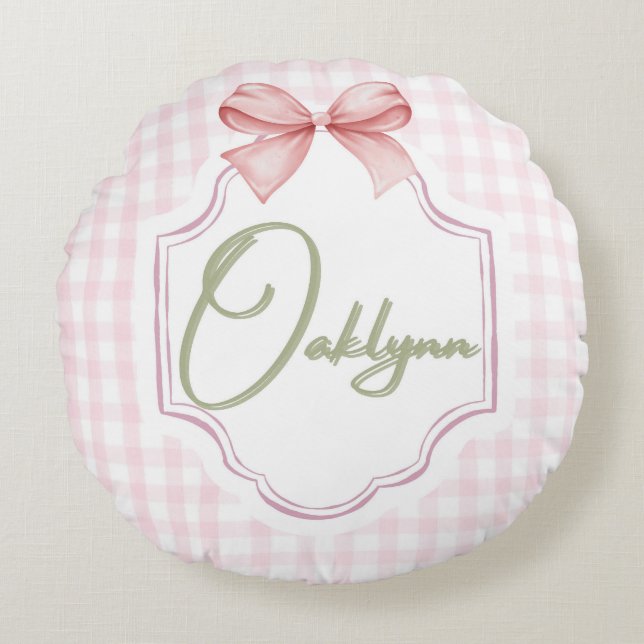 Personalisiert Oaklynn Baby Girl Kinderzimmer Bow& Rundes Kissen (Vorderseite)