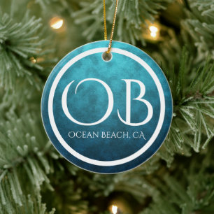 Personalisiert OB Ocean Beach, CA Blue Bkg Weihnac Keramik Ornament