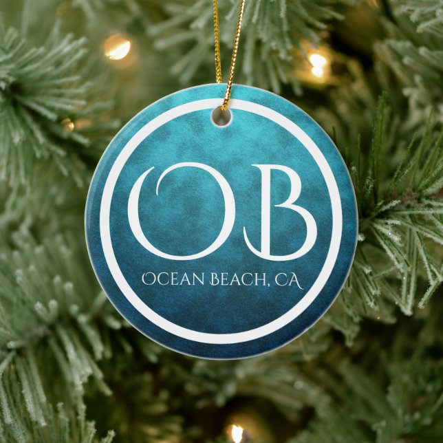 Personalisiert OB Ocean Beach, CA Blue Bkg Weihnac Keramik Ornament (Baum)