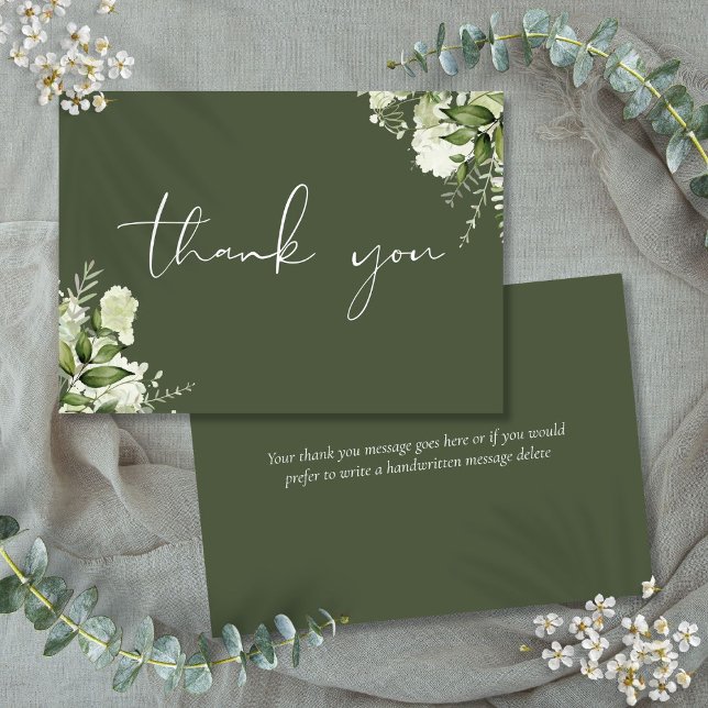 Personalisiert Olive Green Floral Elegantes Skript Dankeskarte (Personalized Olive Green Floral Elegant Script Thank You Card)