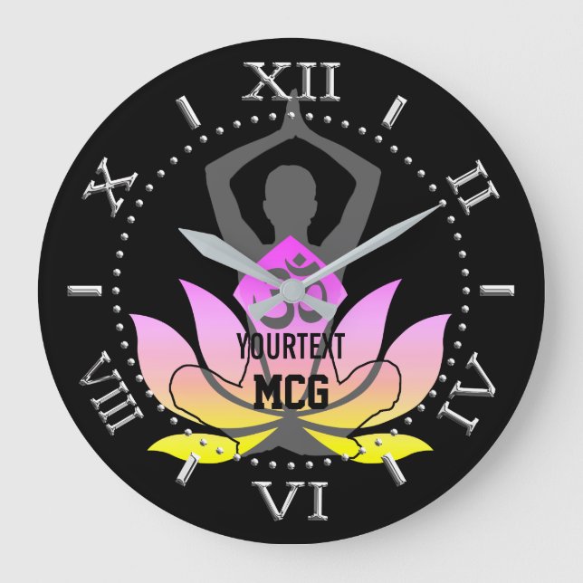 Personalisiert OM Namaste Lotus Blume Yoga Pose Große Wanduhr (Vorderseite)