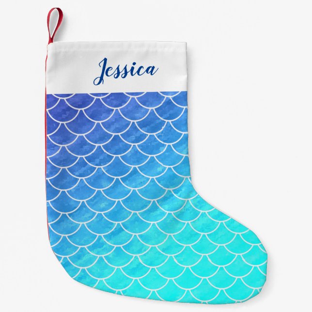 Personalisiert Ombre Blues Mermaid Scale Strumpf Kleiner Weihnachtsstrumpf (Vorderseite)